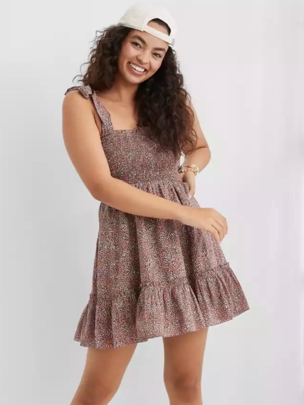 Brown Floral Smocked Cotton Sundress